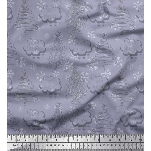 Soimoi Grey Velvet Fabric Snowflake & Tree Christmas Printed Fabric 1 Yard 58 Inch Wide