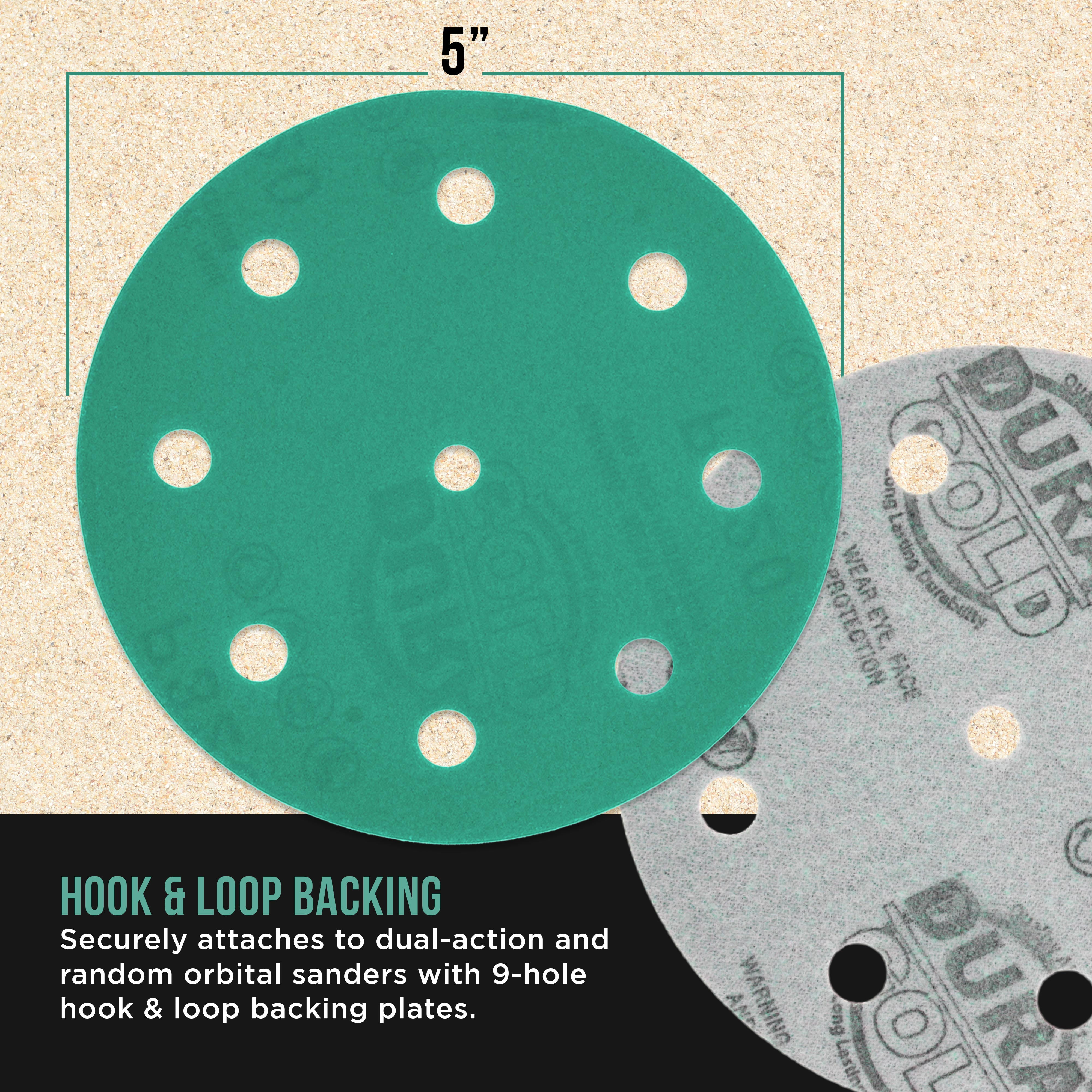 Dura-Gold Premium 320 Grit 5" Green Film Sanding Discs, 9-Hole Pattern, Box of 50 - Heavy-Duty Dustless Hook & Loop Backing Sandpaper for DA & Random Orbital Sanders, Sand Auto Paint, Wood, Furniture