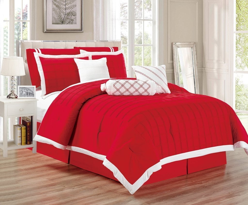 Legacy Decor 9 pc Pleated Microfiber Comforter Set, Red and White Color