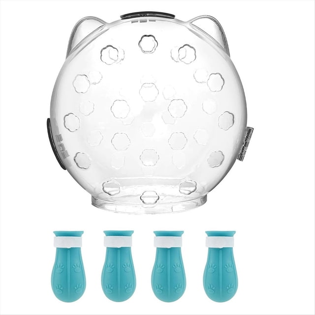 Bozal para Gatos para Acicalamiento, Casco con Bozal Transpirable para Gatos con 4 Zapatos de Silicona, Casco de Astronauta para Gatos, Casco Antimordeduras para Gatos S