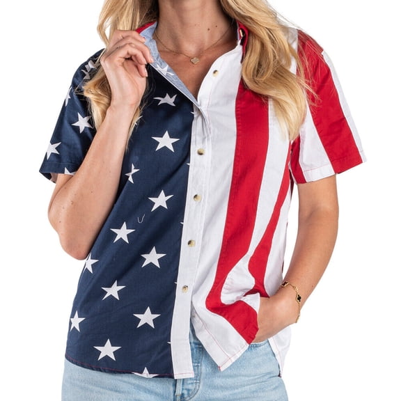 Women's Stars and Stripes Patriotic American Flag 100% Cotton Short Sleeve Top