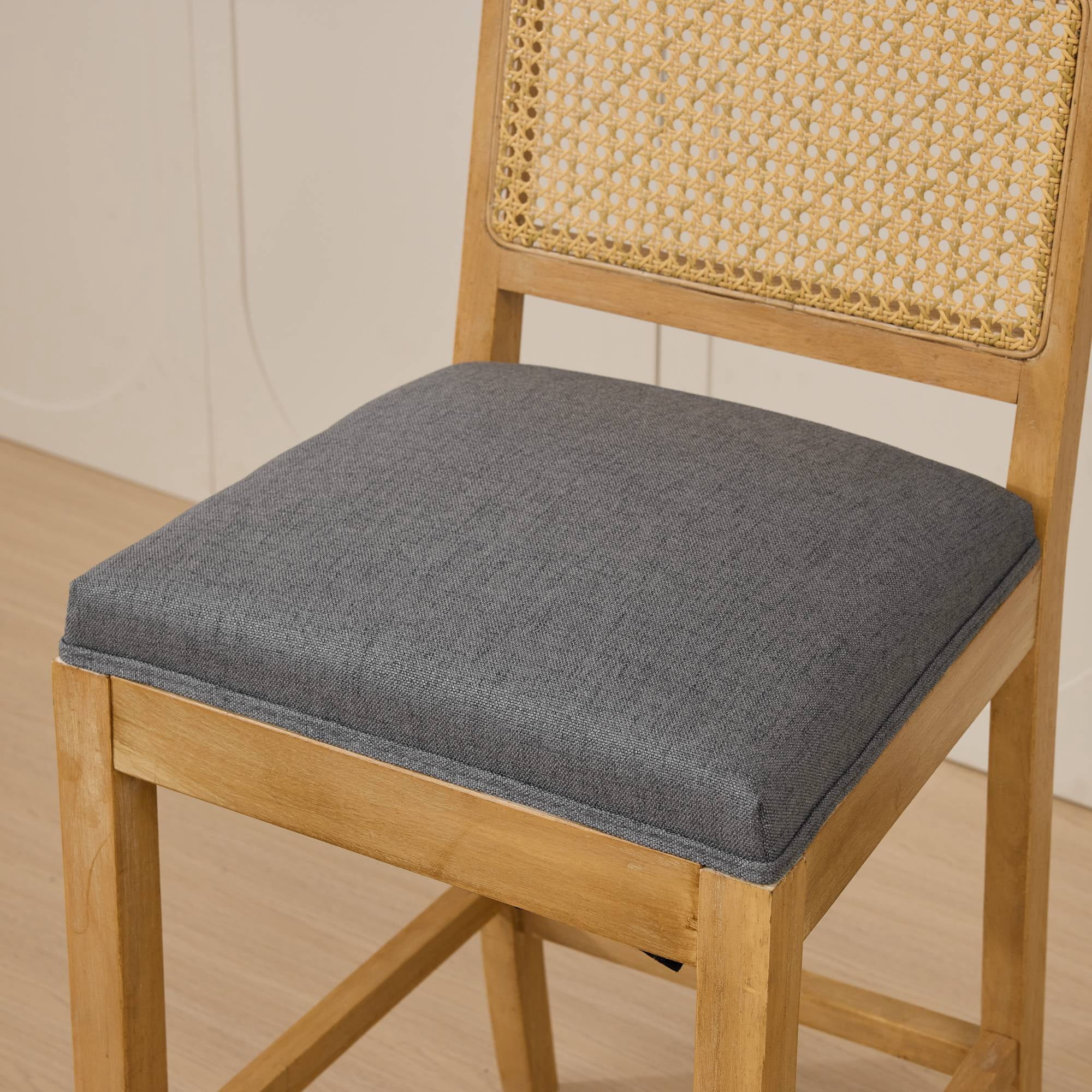 Set of 4 Solid Wood Rattan-Back Bar Stool, Matte Linen Cushion with High-Resilience Foam & S-Springs, Ideal for Rustic/Natural Style Kitchen Island, Low Bar in Dining Room & Café