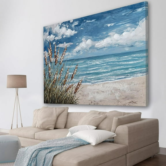 Aaheei Beach Scene Wall Art, Blue Ocean Seascape Painting,Seaside weed Coastal Canvas oil Painting Seascape Paintings Coastal Picture Artwork for Living Room Bedroom Office Decor