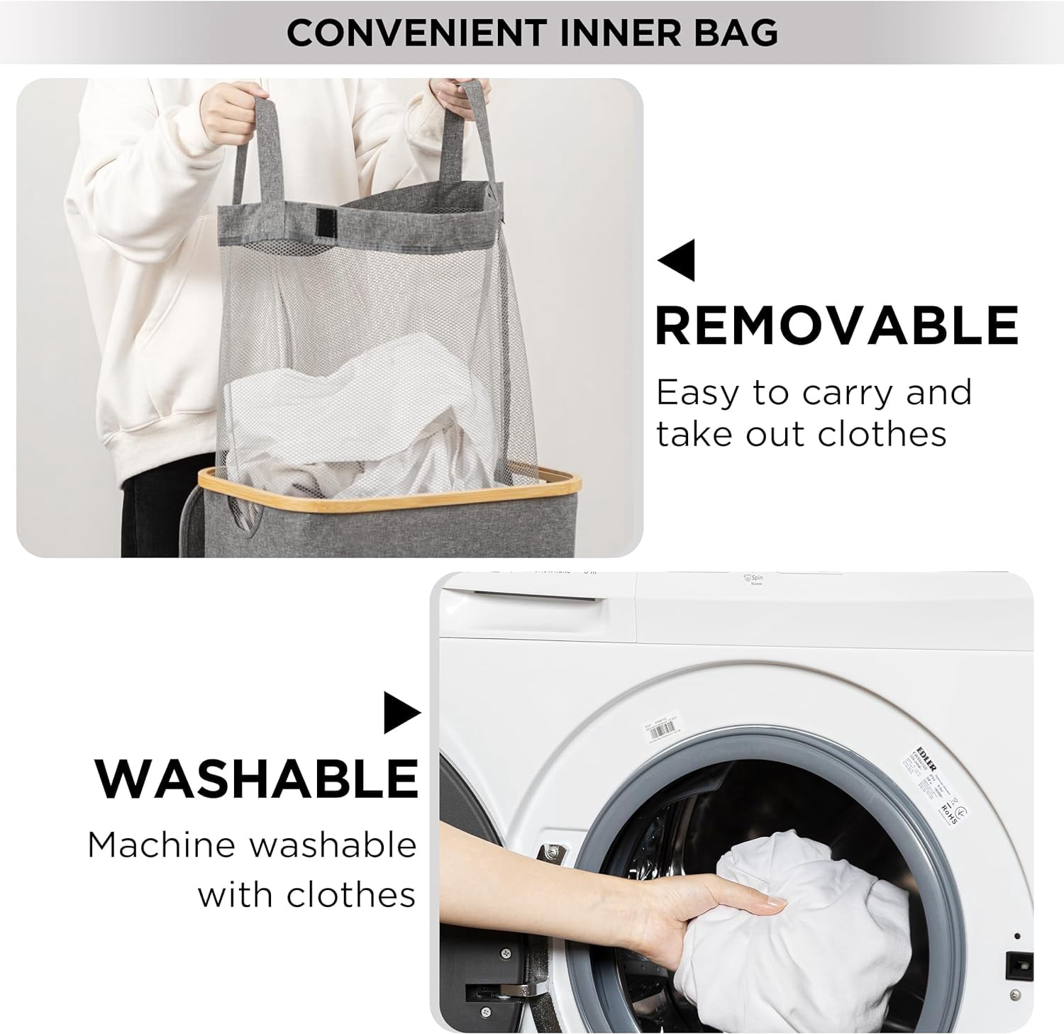 HBlife 110L Laundry Hamper with Lid and Removable Inner Bag, Gray, 2-Bag