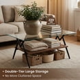 thumbnail image 2 of Modern Rectangular Glass Coffee Table with Tempered Glass Top, Brown Wood Storage Shelf and Black Metal Legs for Living Room, Clear, 2 of 8