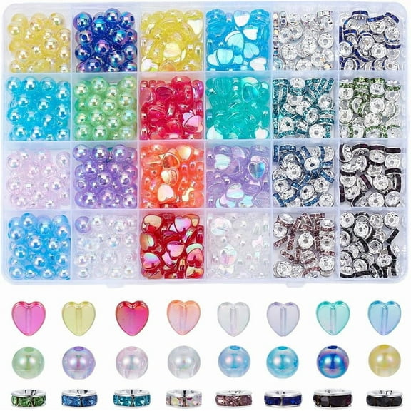 1 Box 680Pcs 24 Colors 8mm Beads Kit Colored Pearl Beads Rondelle Bead Spacers Rhinestone Acrylic Heart Beads for Bracelet Necklace Earrings Jewelry Making Beadable Pens DIY Crafts