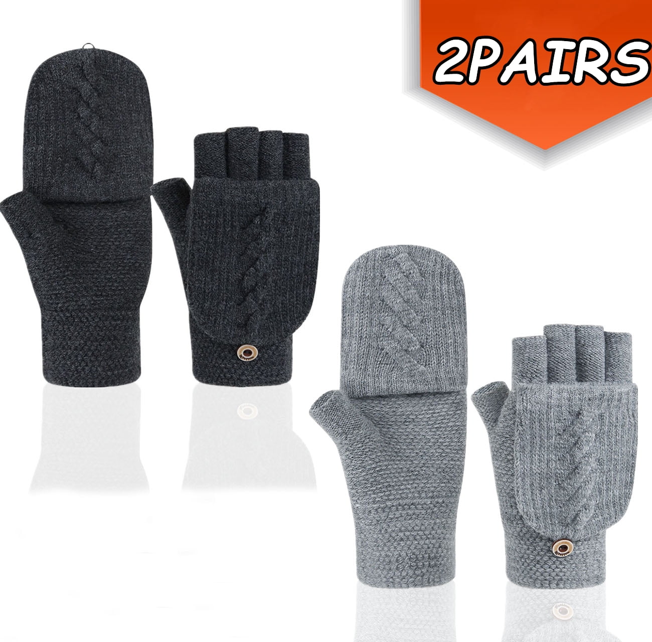 Winter Gloves for Women Man Fingerless Black Knitted Gloves Warm Convertible Mittens Flap Cover