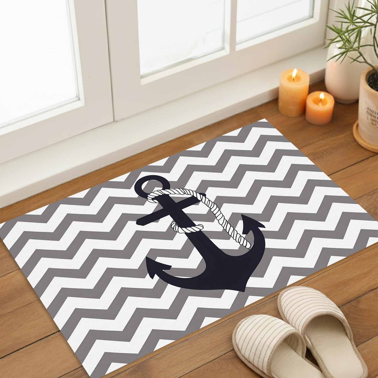 Black Nautical Anchor Indoor Door Mat - 18"x30", Non-Slip Welcome Mat for Outdoor, Gray Stripe Modern Wavy Lines Front Doormat for Entry, Low-Profile Doormat Entrance Rug for Kitchen/Bathroom