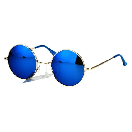 Reflective Color Mirrored Hippie Groove Round Circle Lens Retro Sunglasses Gold Blue