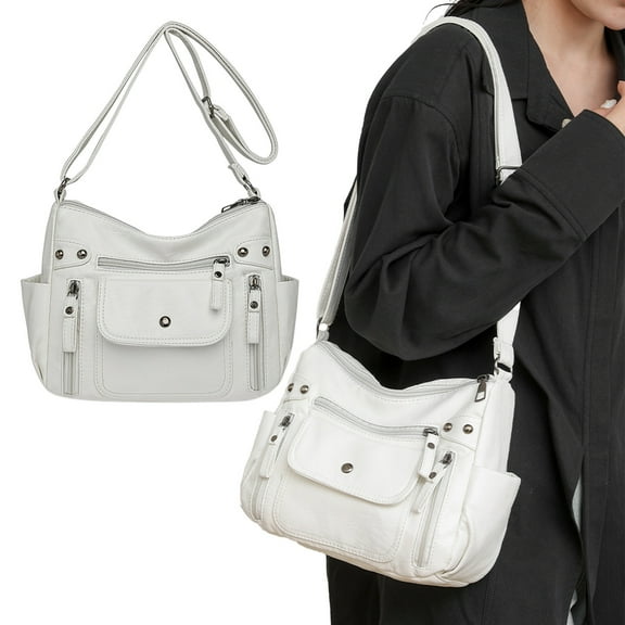 JOGZMZ Washable Multi-Layer Shoulder Bag, Casual Crossbody Purse for Women, Lightweight PU Leather Tote with Adjustable Strap White