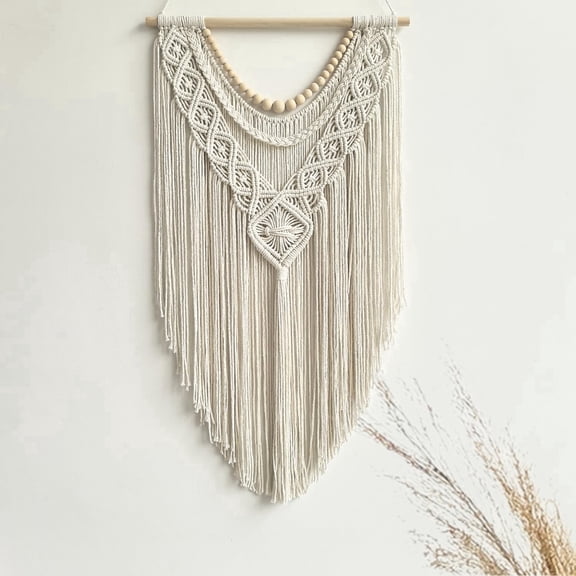MORAVE 31.5"L x 17"W Wood Bead-A Macrame Wall Hanging, Handmade Bohemian Cotton Woven Tapestry, Decorative Wall Art for Bedroom Apartment