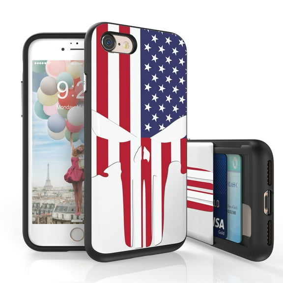 Iphone 7, Iphone 7s, Iphone 8, Iphone 8s Case, DuoShield Slim Wallet Case   Dual Layer Card Holder US Flag Skull