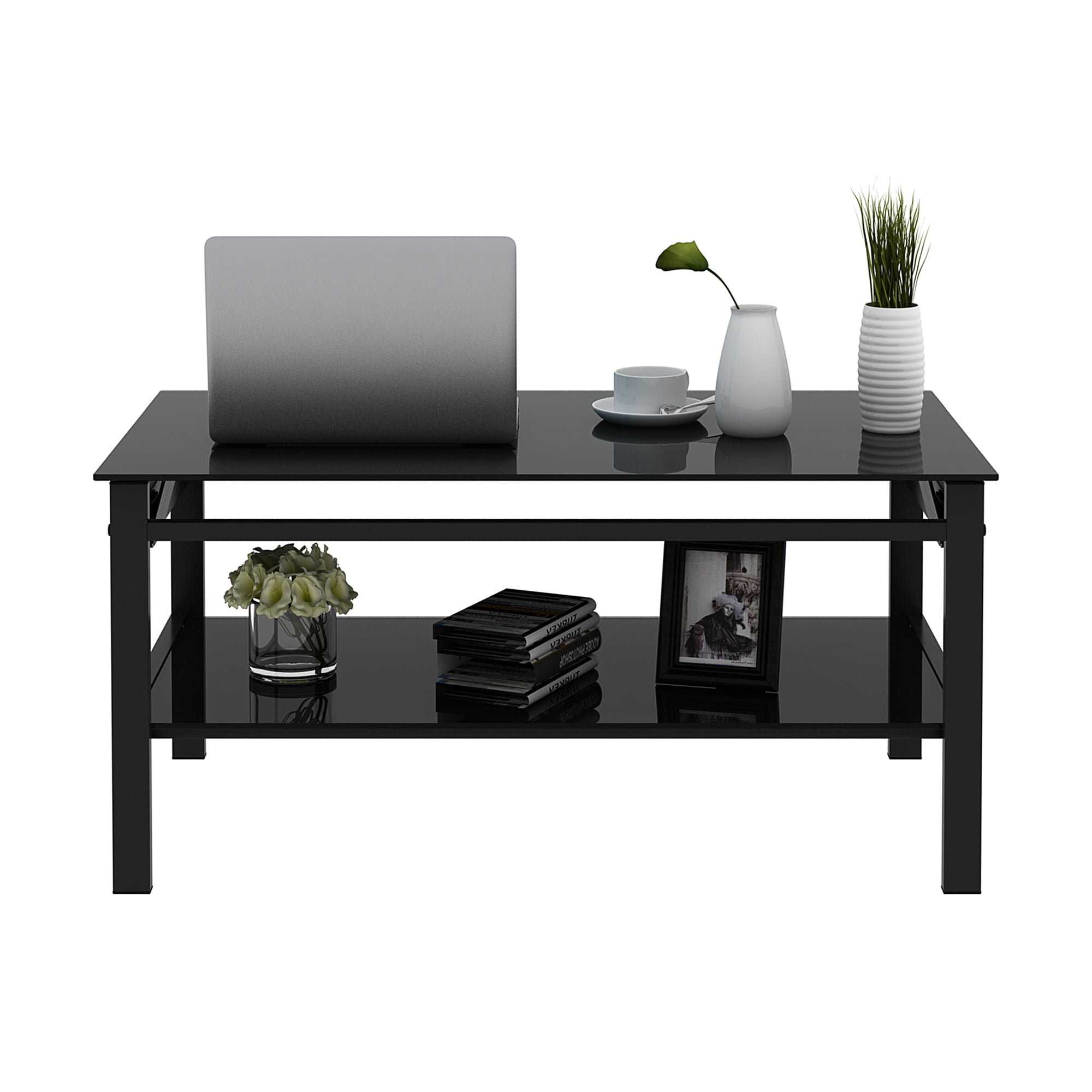 MAYEERTY Modern Black Lift-Top Glass Coffee Table – 2-Layer Tempered Glass Table for Living Room
