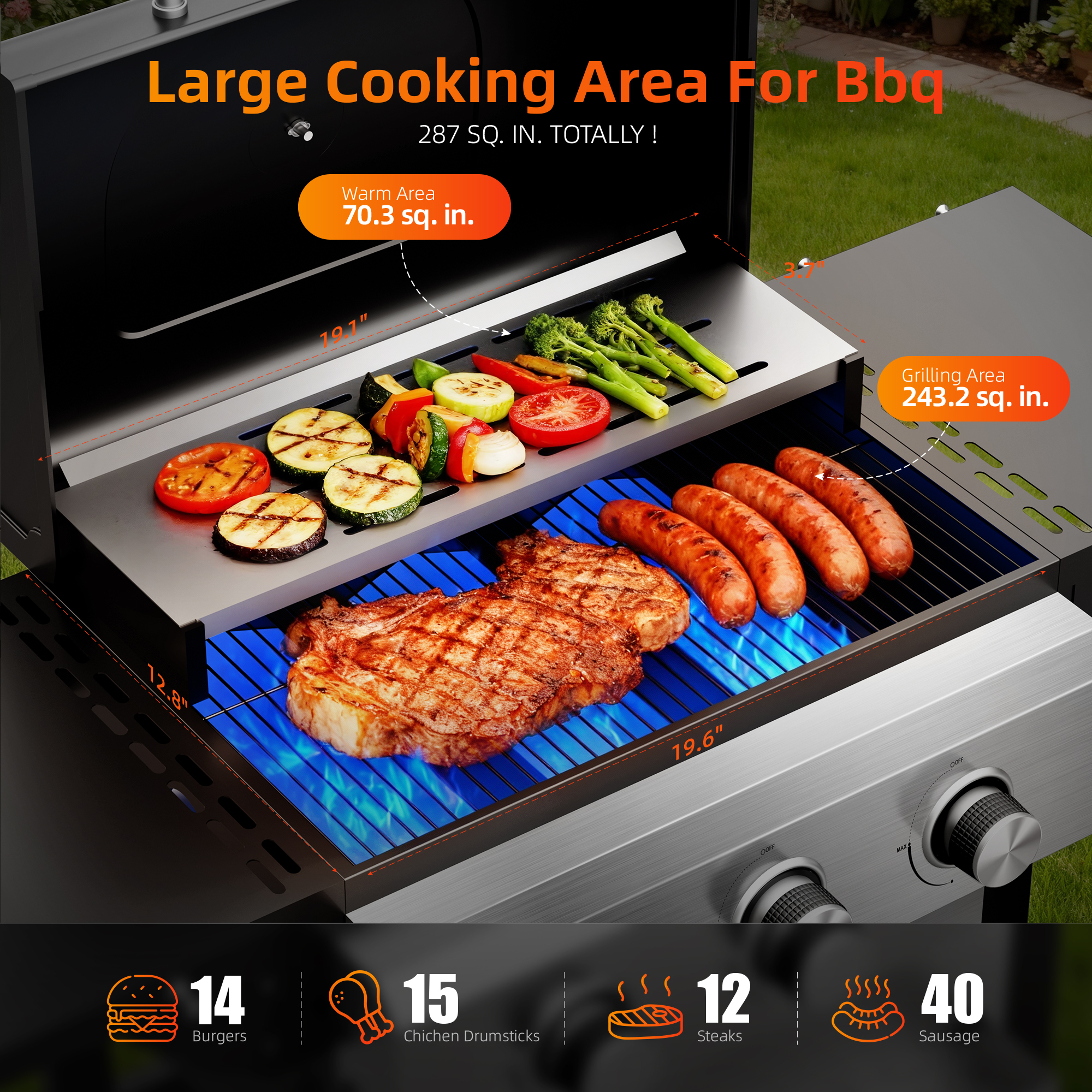 Biotree 3 Burner BBQ Propane Gas Grill, Stainless Steel 28,650 BTU Patio Garden Barbecue Grill with Two Foldable Shelves