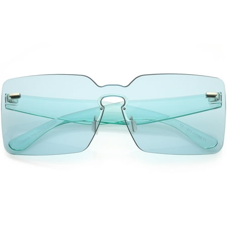 Oversize Square Rimless Sunglasses Wide Arms Color Tinted Mono Lens 68mm (Blue)
