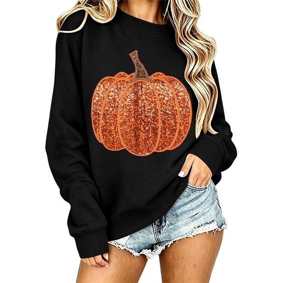Graphic Sweatshirts for Women Loose Fit Long Sleeve Comfort Casual Winter Clothes Pumpkin Print Sequin Tops Crewneck Pullover Lightweight Fashion Clothing Fall Outfits for Women