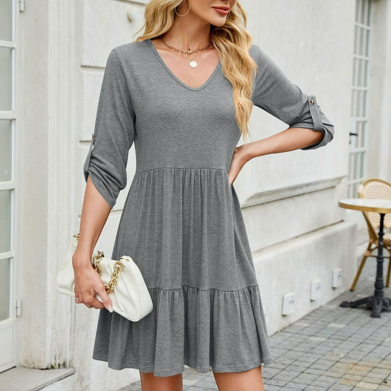 fall mini dresses for women Shibever Fall Dresses for Womens Casual Crew Neck Ruffle Hem Mini Dress Comfy Short Sleeve Loose Fit Solid Color Shirt Dress, Women's, Size: 2XL,