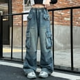 thumbnail image 4 of CAICJ98 Girls Jeans Denim Elastic High Waisted Wide Leg Baggy Cargo Pants for Teen Girls with Pockets Blue,9-10 Years, 4 of 5
