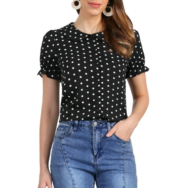 CAMISA DE PUNTOS DE POLKA PARA MUJERES INSPIRE CHIC, MANGA CORTA CON VOLANTES, VINTAGE, CON BOTONES, CUELLO PETER PAN, BLUSAS TALLA XS, NEGRO Y BLANCO