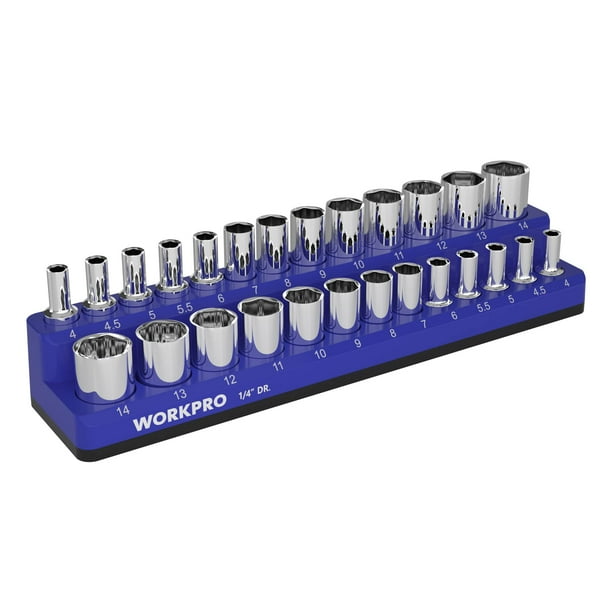 Organizador de enchufes WORKPRO magnético con 26 enchufes métricos de 1/4 pulgadas