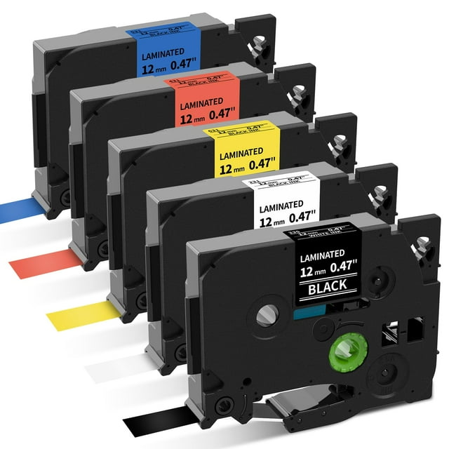P Touch Label Maker Tape 12mm 0.47 Inch Laminated White/Black/Red/Blue/Yellow Replacement for Brother TZe Label Tape, for Ptouch Model PT-D200 D210 H100 1880, Colored Tape, 5-Pack