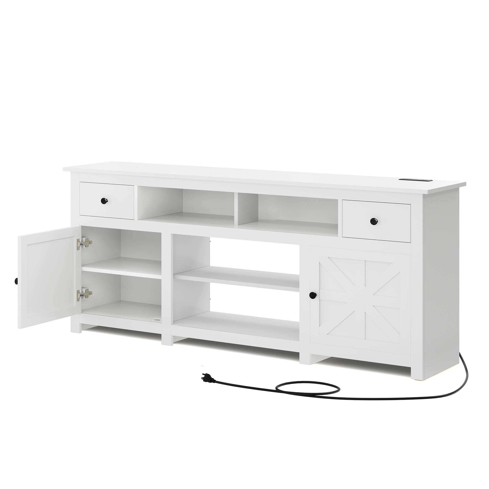 Dextrus Country-style Media Console, TV Cabinet with Built-in Power Socket for Screens up to 80'', Television Stand with Adjustable Divider & Drawer Storage, Vintage TV Unit for Lounge, White