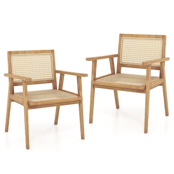 Gymax 2PCS Wood Chair Teak Wood Armchair w/ Rattan Seat & Curved Backrest Dining Chair Patio