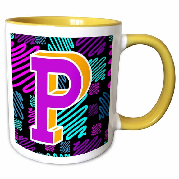 3drose, P Neon Pink and Yellow Monogram Initial, 11oz Two-tone Yellow Mug
