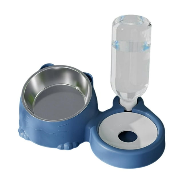 Cuencos dobles para gatos, plato elevado para gatos, 2 en 1, con botella de agua automática, comedero para mascotas, juego de cuencos de comida y agua azul