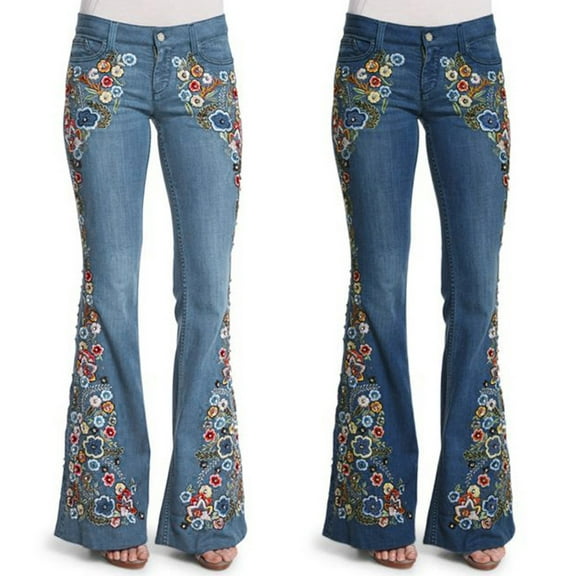Hpapadks Women Jeans Embroidered Mid Waist Button Denim Pant Destoryed Flared Trousers Pants for Women Blue L