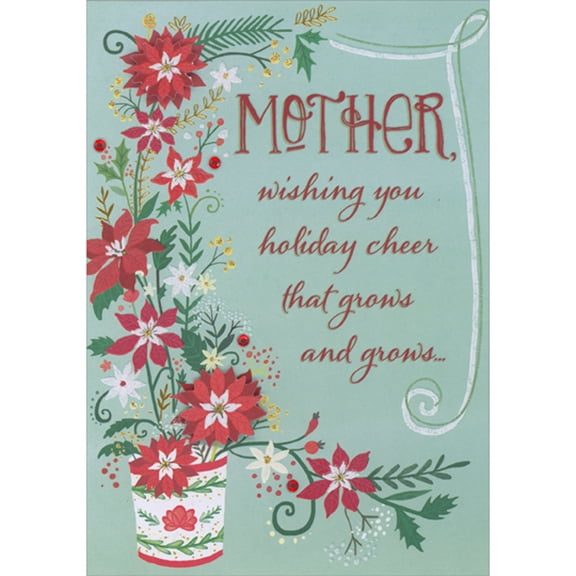 Designer Greetings Holiday Cheer That Grows: Die Cut 3D Poinsettias, Red Gems and Floral Flower Pot Hand Decorated Christmas Card for Mother