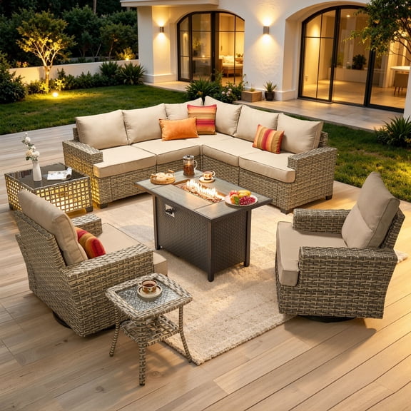 Vcatnet 10 Pieces Patio Outdoor Furniture with Fire Pit Wicker Sectional Sofa All-Weather Outdoor Conversation Set with Swivel Chairs, Beige