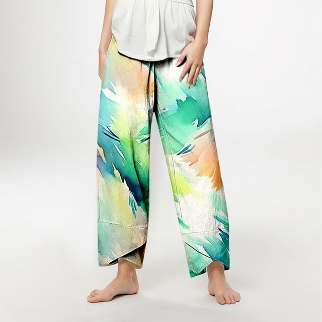 WILLBEST Womens Pants Women's Fashionable Abstract Style Printed Irregular Loose Wide Leg Casual Pants Pantalon