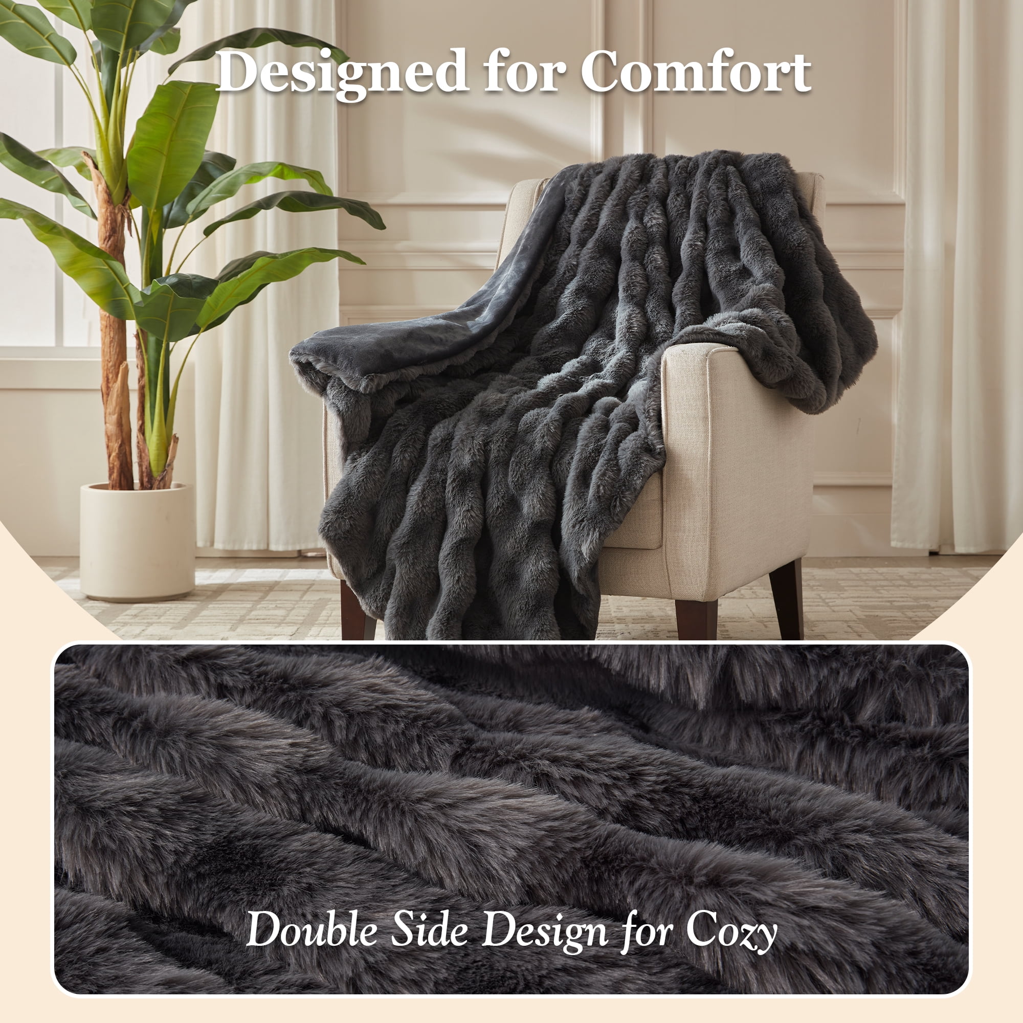 COZY@HOME Heated Blanket,Plush Thick Faux Fur Throw Size 62"x84", Dark Grey, 5-Min Fast Heating 6 Heating Levels & 4 Hours Auto-Off, Machine Washable