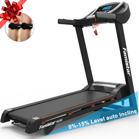 3.25HP Portable Folding Electric Treadmill, Famistar 9028S 0%-15% Auto Incline Treadmill, Exercise Running Machine with Built-in MP3 Speaker, 5" LCD Display, Free Knee Strap Gift