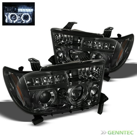 03 Toyota Tundra Led (Smoked 2007-2013 Toyota Tundra Halo LED Projector Headlights Smoke Head Lights Set Pair L+R 2008 2009 2010 2011)