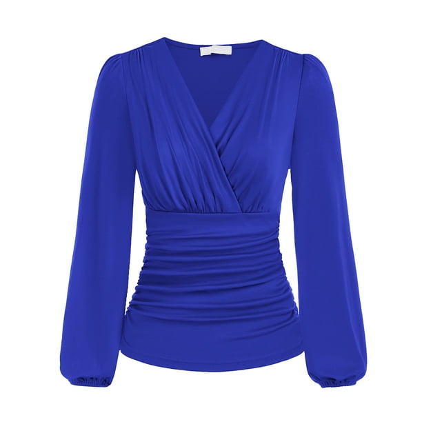 Blusa cruzada con escote en V, blusa de mujer con escote en V profundo, blusa de mujer con escote en V profundo y mangas largas, blusa cruzada con escote en V profundo, rendimiento finamente ajustado