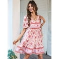 thumbnail image 5 of Women Casual- Summer Dress Boho V Neck Short Sleeve Babydoll Floral Print Flowy Beach Dress Pink S, 5 of 9