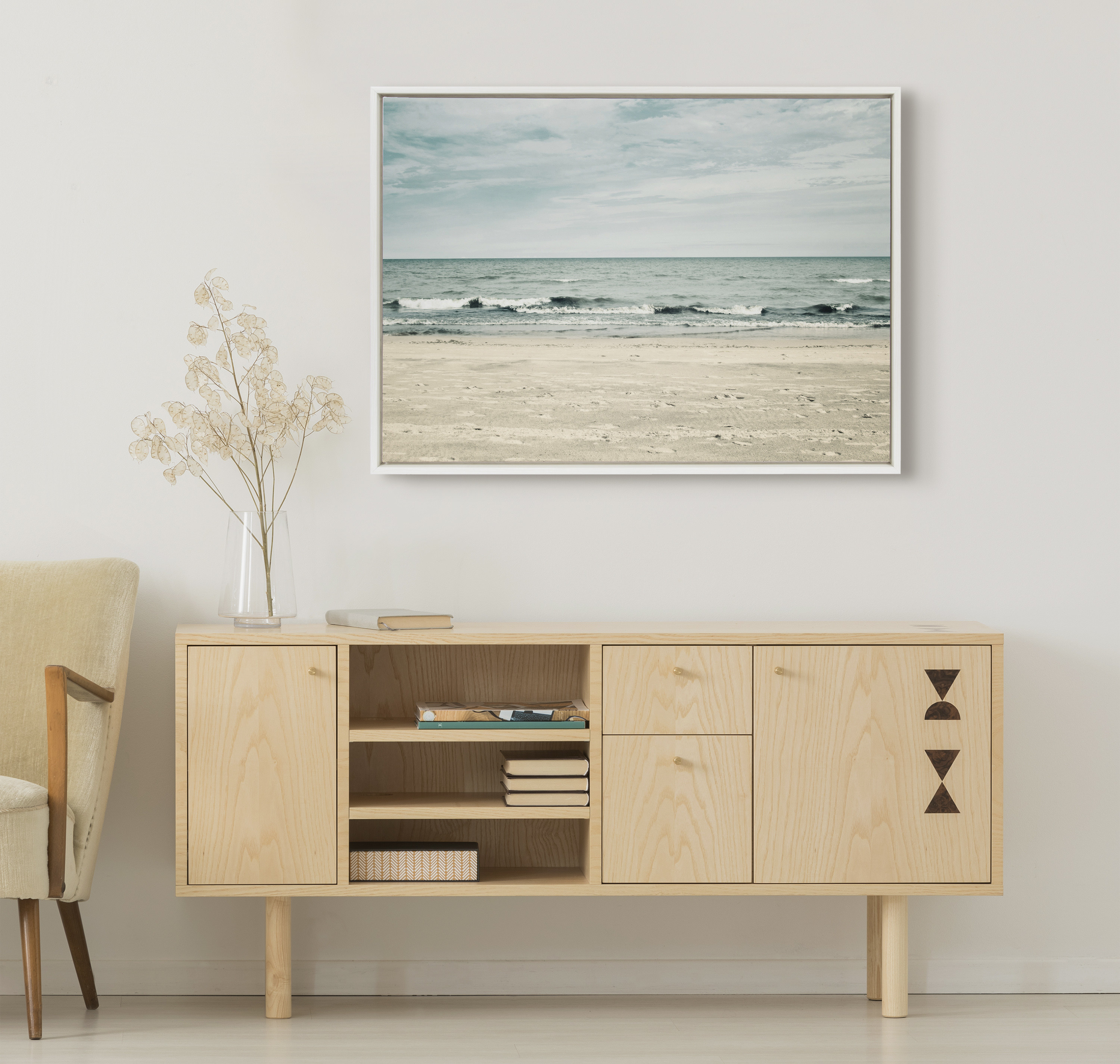 Kate and Laurel Sylvie Beach 2 Framed Canvas Wall Art by Emiko and Mark Franzen of F2Images, 28x38 White, Decorative Coastal Art Print for Wall
