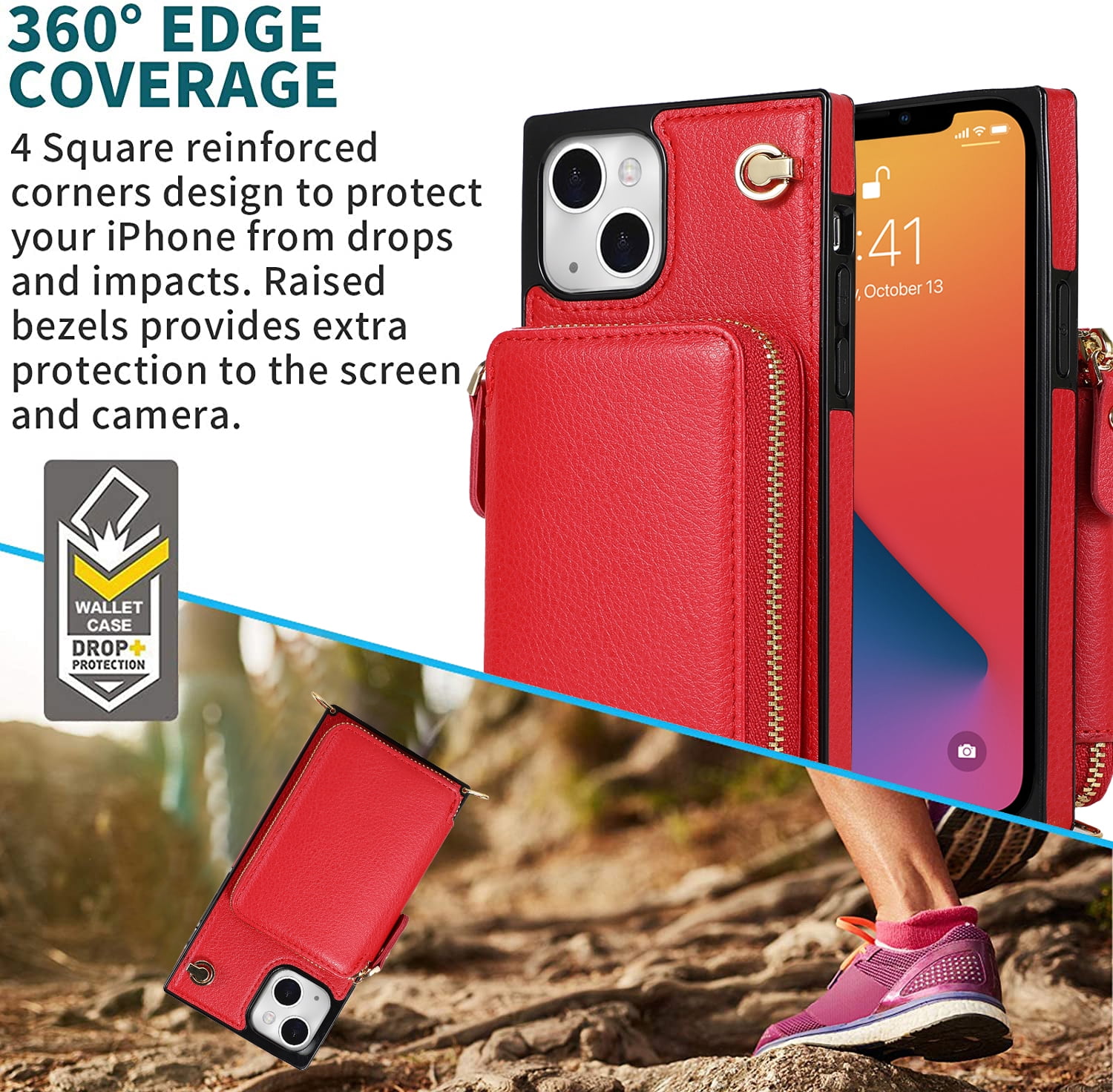 TECH CIRCLE For iPhone 12 Pro Wallet Case,Card Holder Phone Case for Women, Zipper PU Leather Purse Kickstand Folio Flip Case with Crossbody Strap for Apple iPhone 12 Pro 6.1" 2020,Red