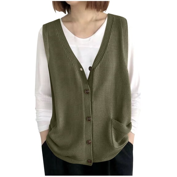 Ladies' Spring And Winter Solid Color V-neck Button Knitted Sleeveless Tank Top Loose Hooded