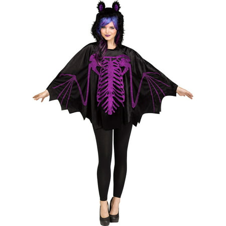 Adult Womens Bat Skeleton Poncho With Hood One Size UP TO 14 Halloween Costume