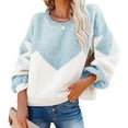 thumbnail image 2 of Women Crew Neck Pullover Sweater Fashionable Casual Loose Color Blocking Women Long Sleeve Sweater Aqua Blue L, 2 of 6