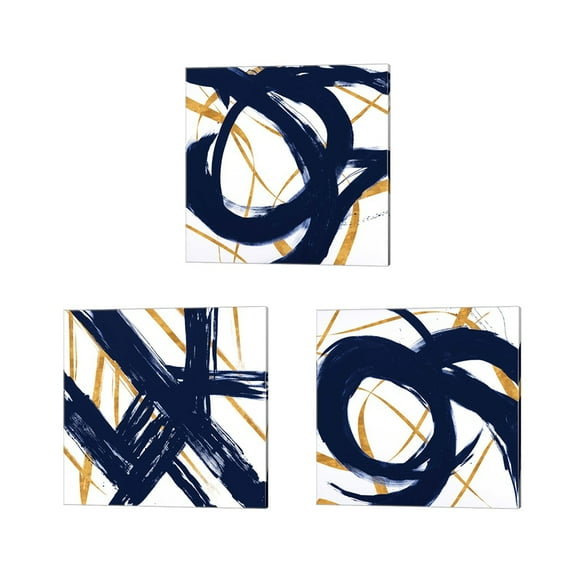 Great Art Now Navy with Gold Strokes by Megan Morris 3 Piece Canvas Art Set Each 14"W x 14"H