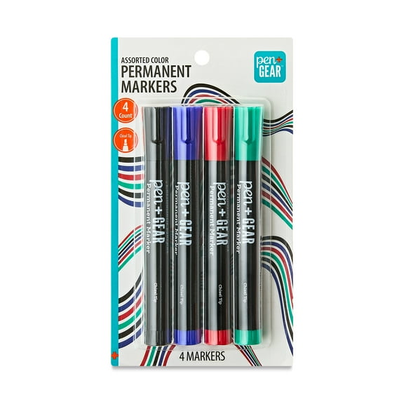 Pen+Gear Permanent Markers, Chisel Tip, Assorted Colors, 4 Count