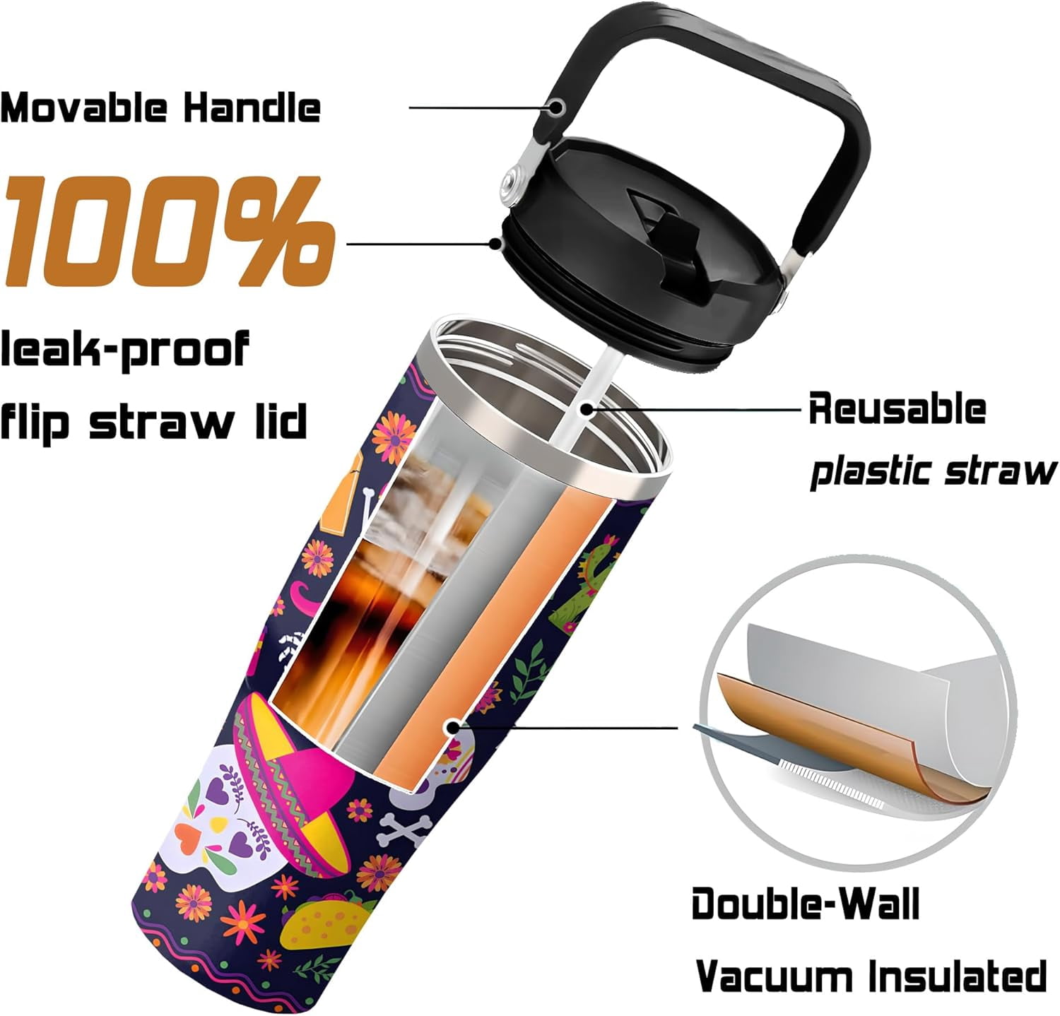 Skull Halloween Cup 30 Oz Tumbler with Handle and Flip Straw, Insulated Halloween Tumbler Keeps Drinks Cold & Hot, Stainless Steel Halloween Coffee Mug Halloween Themed Halloween Gifts For Women