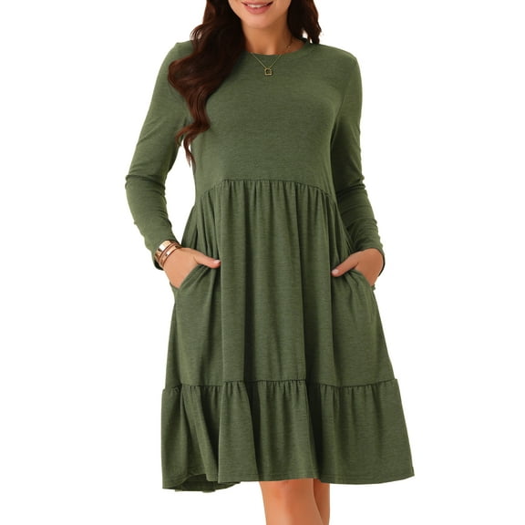 DARING DIVA Casual Long Sleeve Tiered A-Line Swing Dress S Army Green