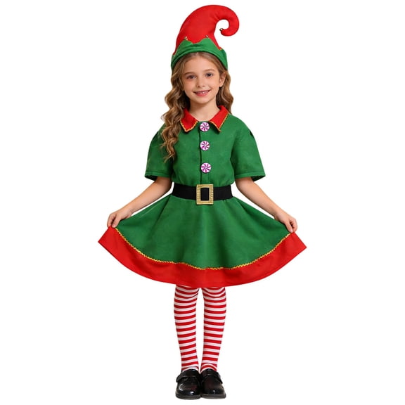 HCYSFG Girls Christmas Costume Sets Elf 2 Piece Short Sleeve Collared Dress Up Outfits Elf Dress And Hat Button Detail Layered Skirt Performance Sets