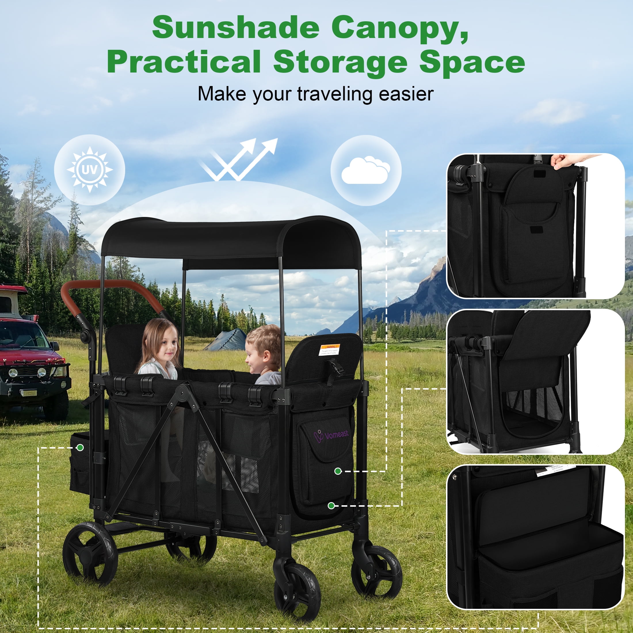 Vomeast Wagon Stroller for 2 Kids, 3-in-1 Outdoor Baby Stroller Wagon with Canopy, 5-Point Harness, Adjustable Handlebars, Removable Seat for Toddlers, Black