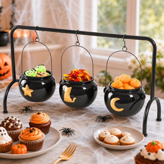 Halloween Party Decorations, Ceramic Witches Cauldron on Rack Set of 3, Black Hanging Cauldrons Candy Bowl with Cute Cat/Moon/Star Pattern for Indoor Outdoor Home Kitchen Decor